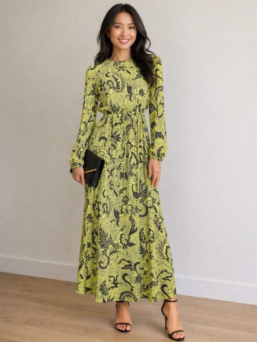 DIANE VON FURSTENBERG Secny Silk Crepe de Chine Floral Maxi Dress in Lime